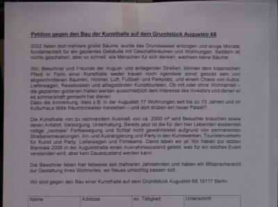 Petition gegen Kunsthalle Auguststrasse 68
