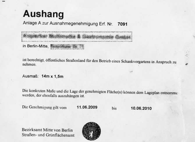 Ausnahmegenehmigung fuer die Nutzung von oeffentlichen Strassenland